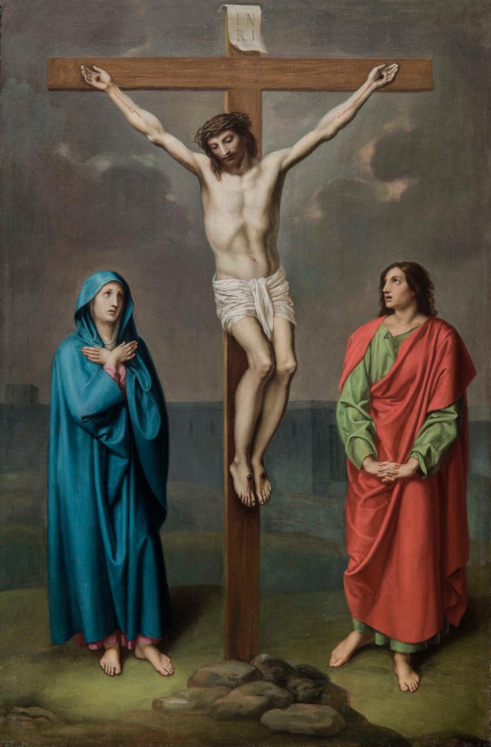 Figurative Painting de Unknown - Cuadro de crucifixión figurativa religiosa purista italiana del siglo XIX
