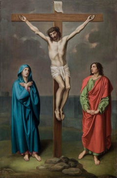 Cuadro de crucifixión figurativa religiosa purista italiana del siglo XIX
