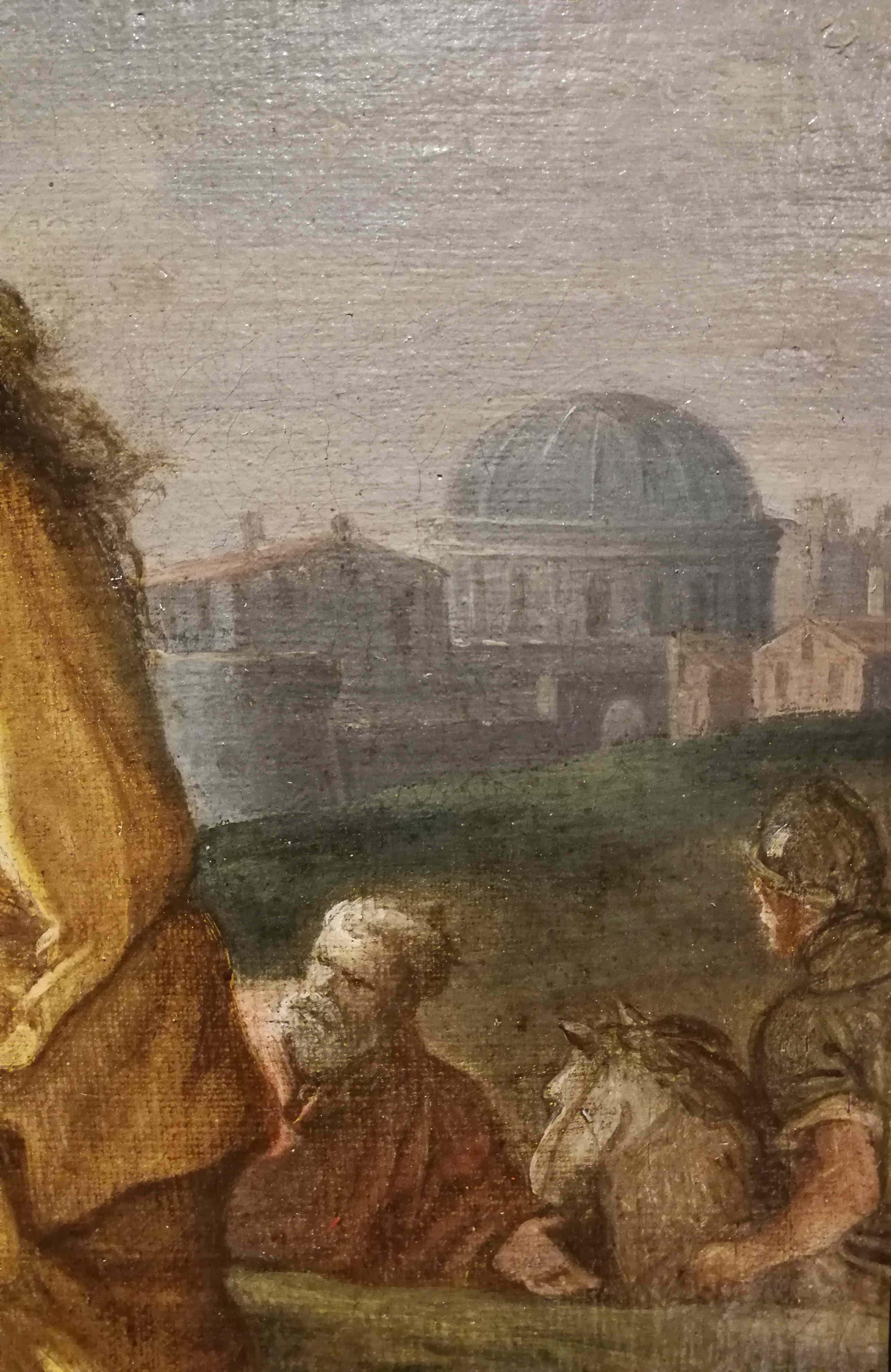 La escena está dominada por la cruz, sobre la que resalta el cuerpo bien modelado y el color blanco brillante de Cristo, adornado con una perspectiva lateral. 
La parte izquierda está ocupada por la Virgen María, inmortalizada en el intento de ser