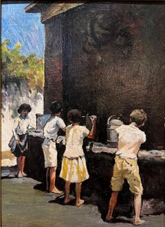 Tuscan figurative painting 20th century Macchiaioli style genre scene