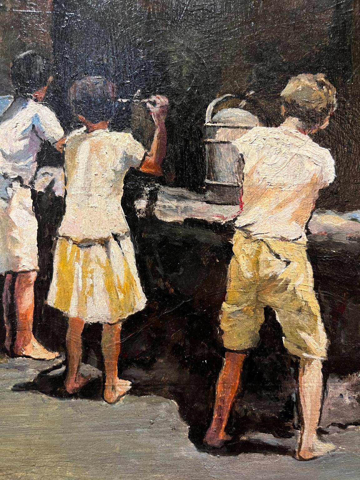 Tuscan figurative painting 20th century Macchiaioli style genre scene - Brown Figurative Painting by Unknown