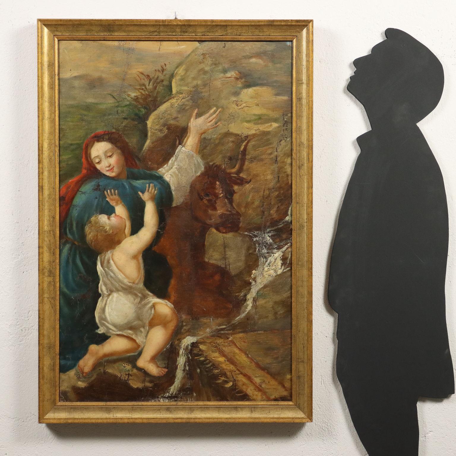 Dipinto Figure con Bambino e Animale XIX secolo - Painting by Unknown