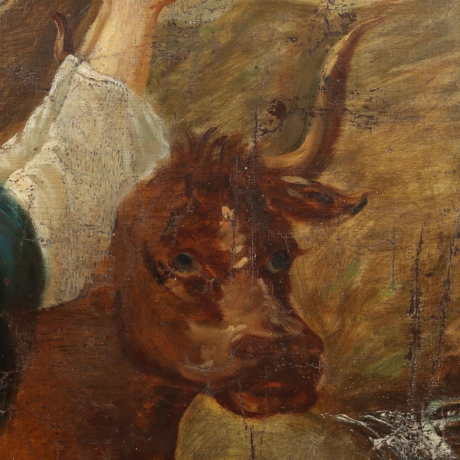 Dipinto Figure con Bambino e Animale XIX secolo For Sale 1