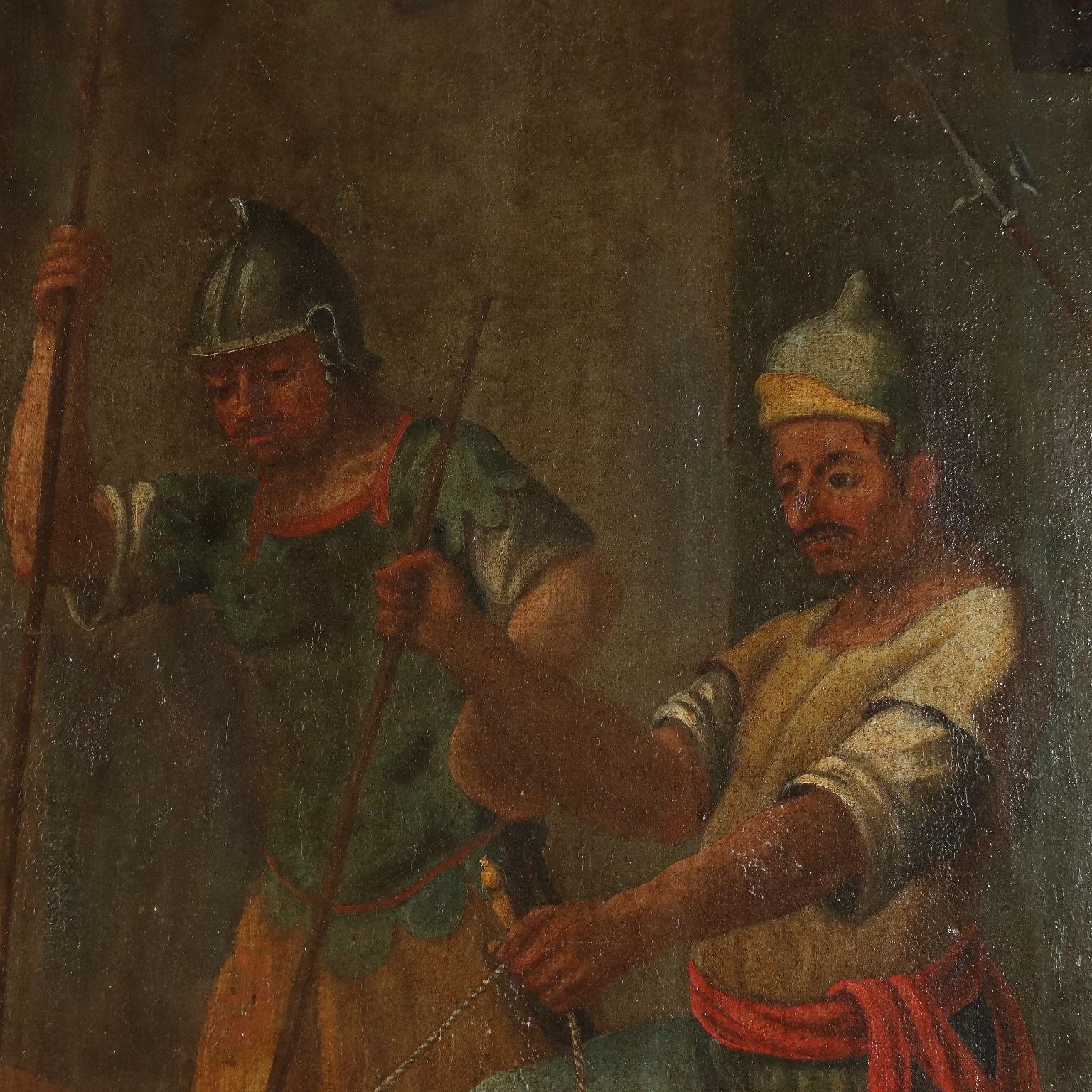 Huile sur toile.
La scène correspond à une station du chemin de croix, au cours de laquelle Jésus tombe sous le poids de la lourde croix qu'il porte sur ses épaules lors de sa montée au Golgotha.
Le Christ, courbé vers le sol, le regard bas et