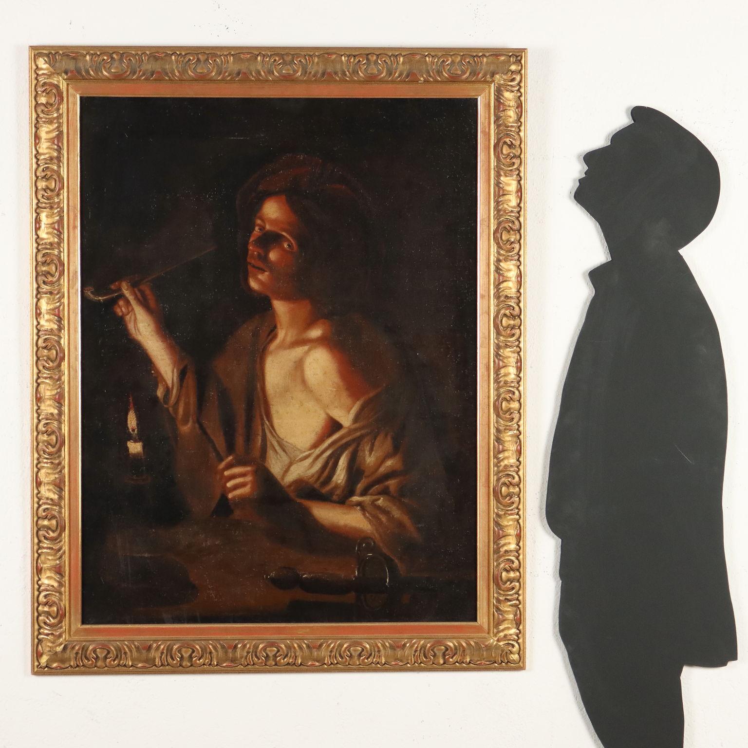 Oil on Canvas. 
The painting offers a half-length portrait of a young man in deshabillé who is lighting his pipe by drawing fire with a stick from the candle placed in front of him on the table where a sword also rests: perhaps this is a young