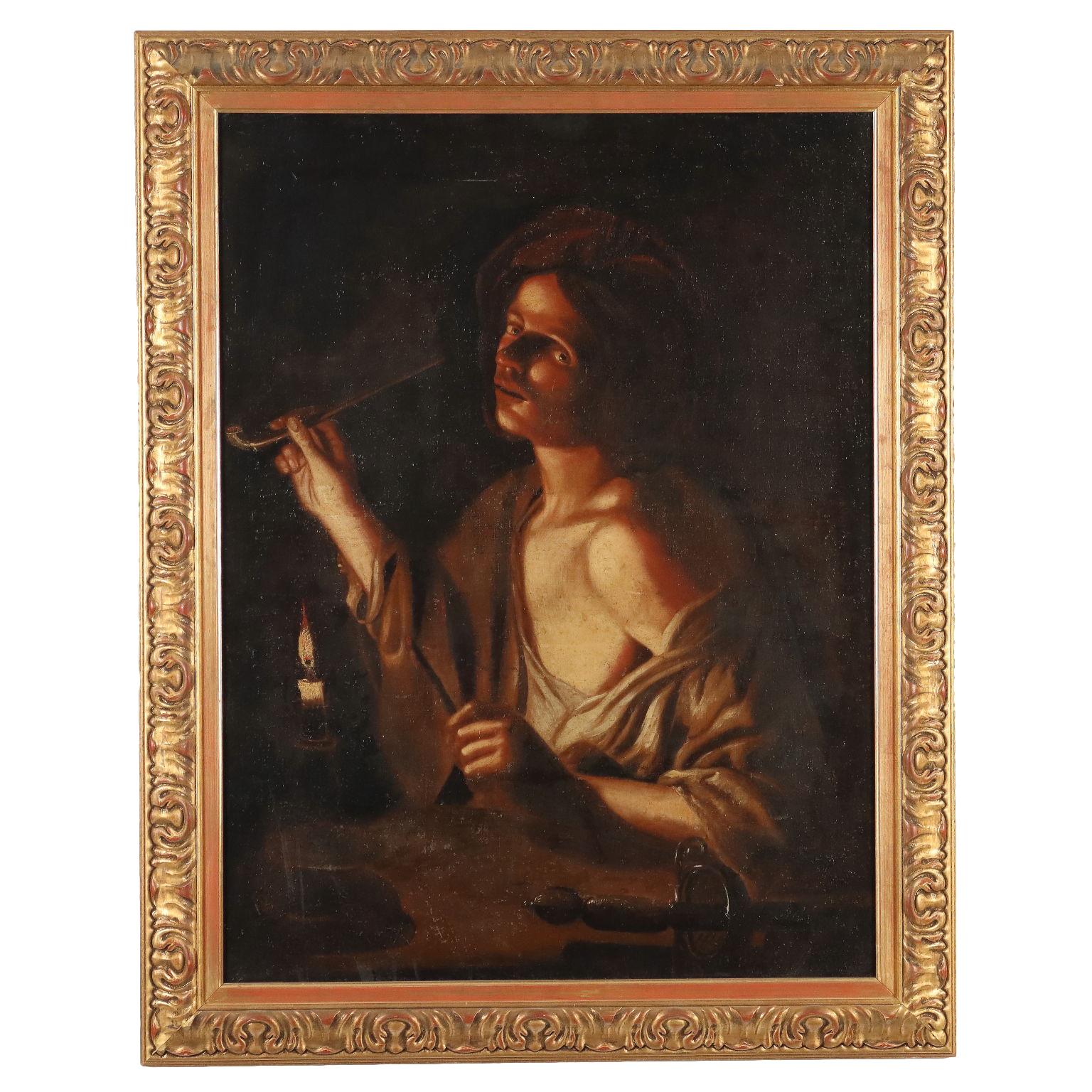 Unknown Figurative Painting - Painting Young man lighting a pipe 18th century