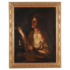 Antique Painting Young man lighting a pipe 18th century