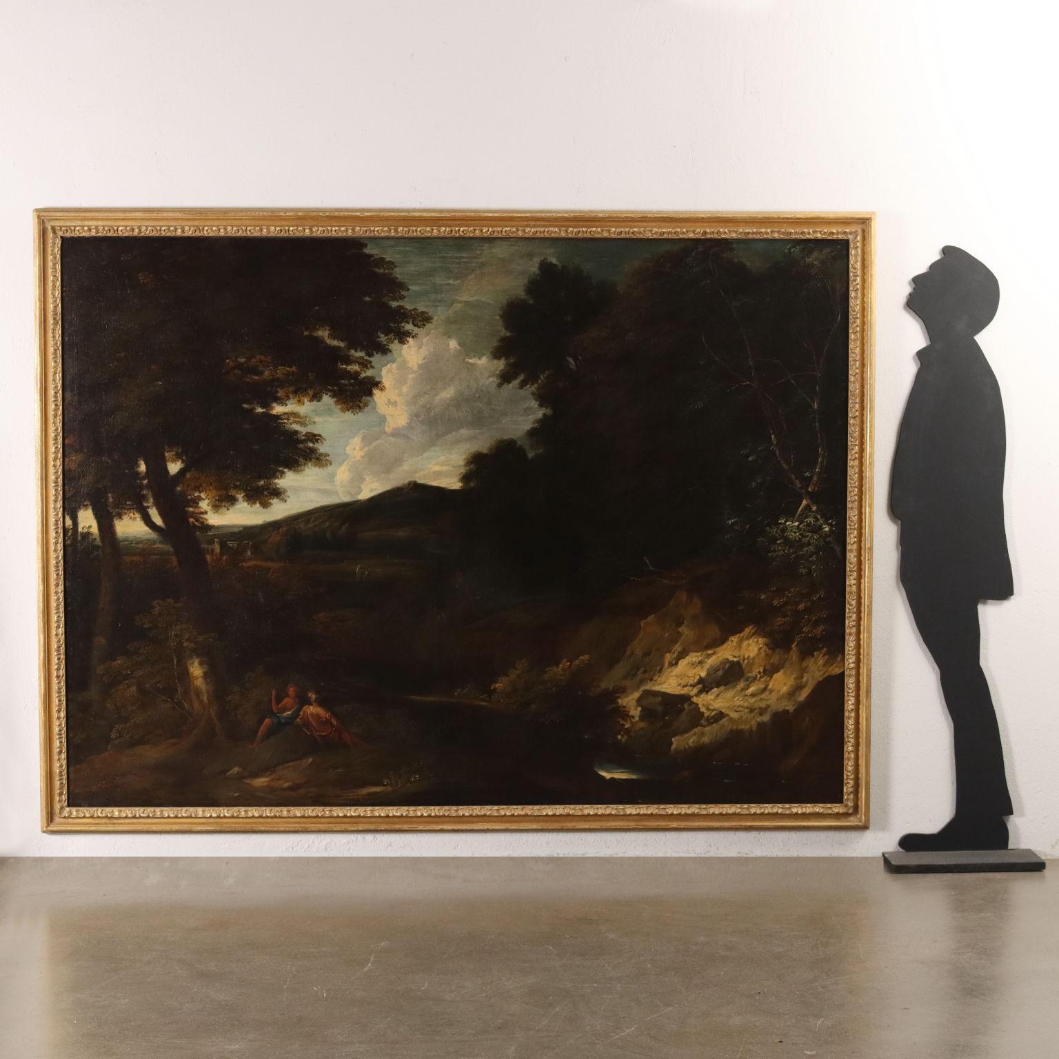 Painting Large Classical Landscape with Figures, 17th century - Black Landscape Painting by Unknown