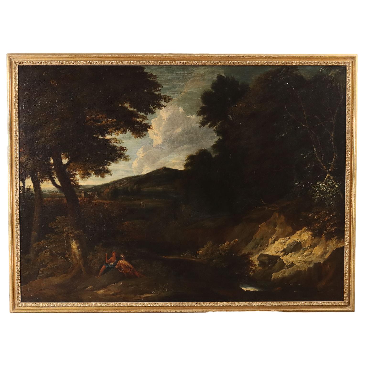 Unknown Landscape Painting – Große klassische Landschaft mit Figuren, 17. Jahrhundert