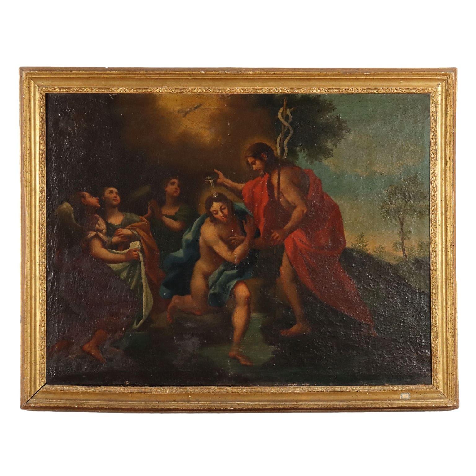 Unknown Figurative Painting - Dipinto Il Battesimo di Cristo XVII secolo