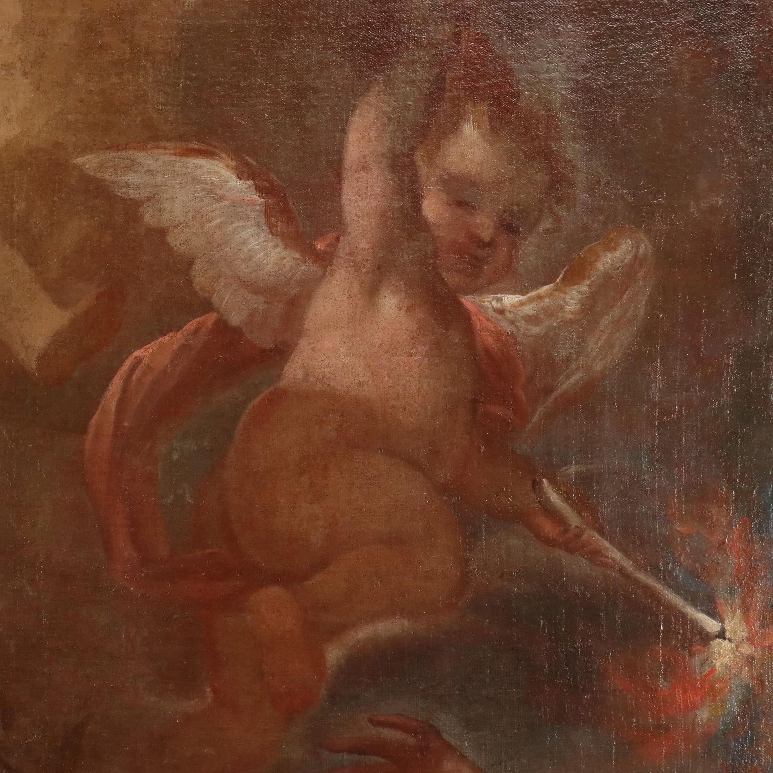 Olio su tela.
Il grande dipinto racconta il famoso episodio mitologico del Giudizio di Paride, l'evento che contribuì a scatenare la guerra di Troia.
Paride, principe troiano, fu chiamato a dirimere la controversia tra le tre dee Era, Atena e