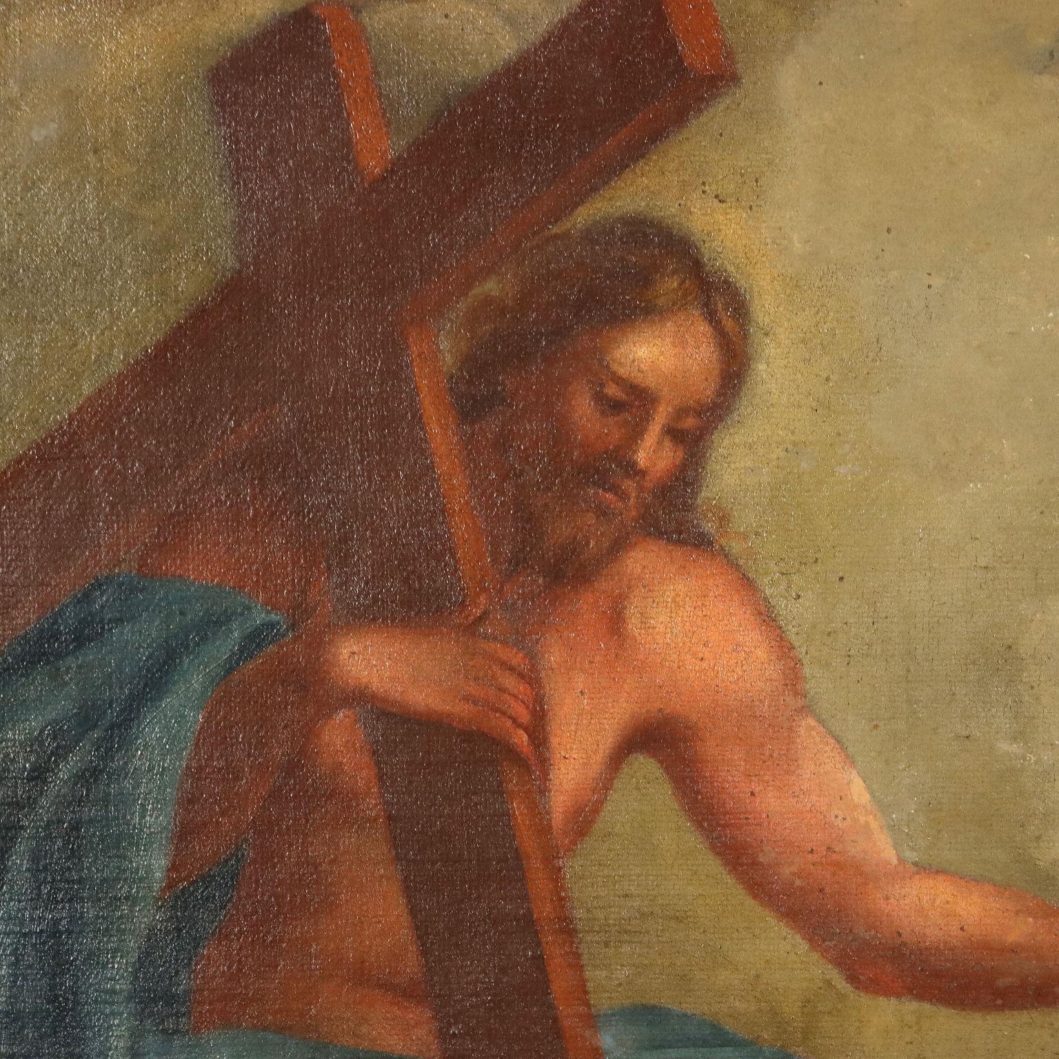 Olio su tela.
La grande scena raffigura Maria, già Assunta in cielo e sorretta sulle nuvole da angioletti, che riceve la Corona  dalla santissima Trinità.
Tale incoronazione esprime l'apoteosi di Maria, che diventando 