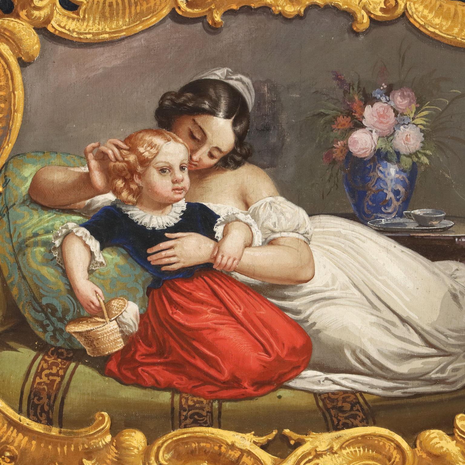 Dipinto Interno con Mamma e Figlia XIX secolo - Painting Altro stile artistico di Unknown