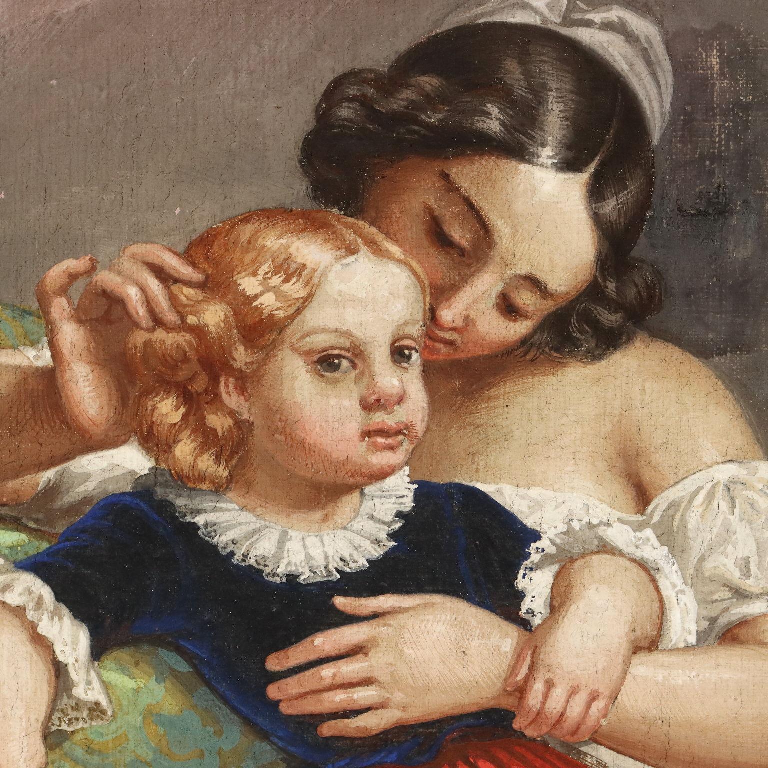 Dipinto Interno con Mamma e Figlia XIX secolo - Figurative Painting Brown di Unknown