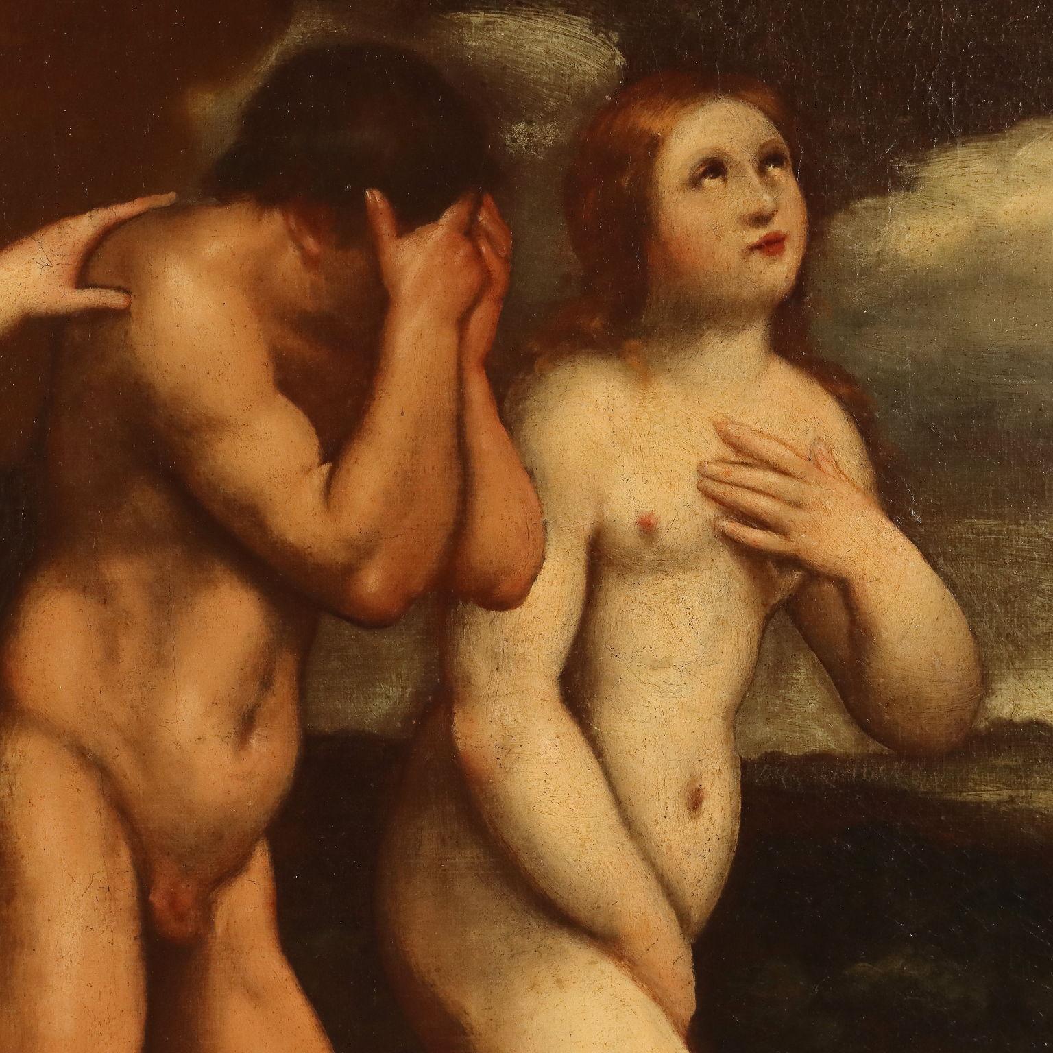 Dipinto La Cacciata di Adamo ed Eva XVIII secolo - Figurative Painting Brown di Unknown