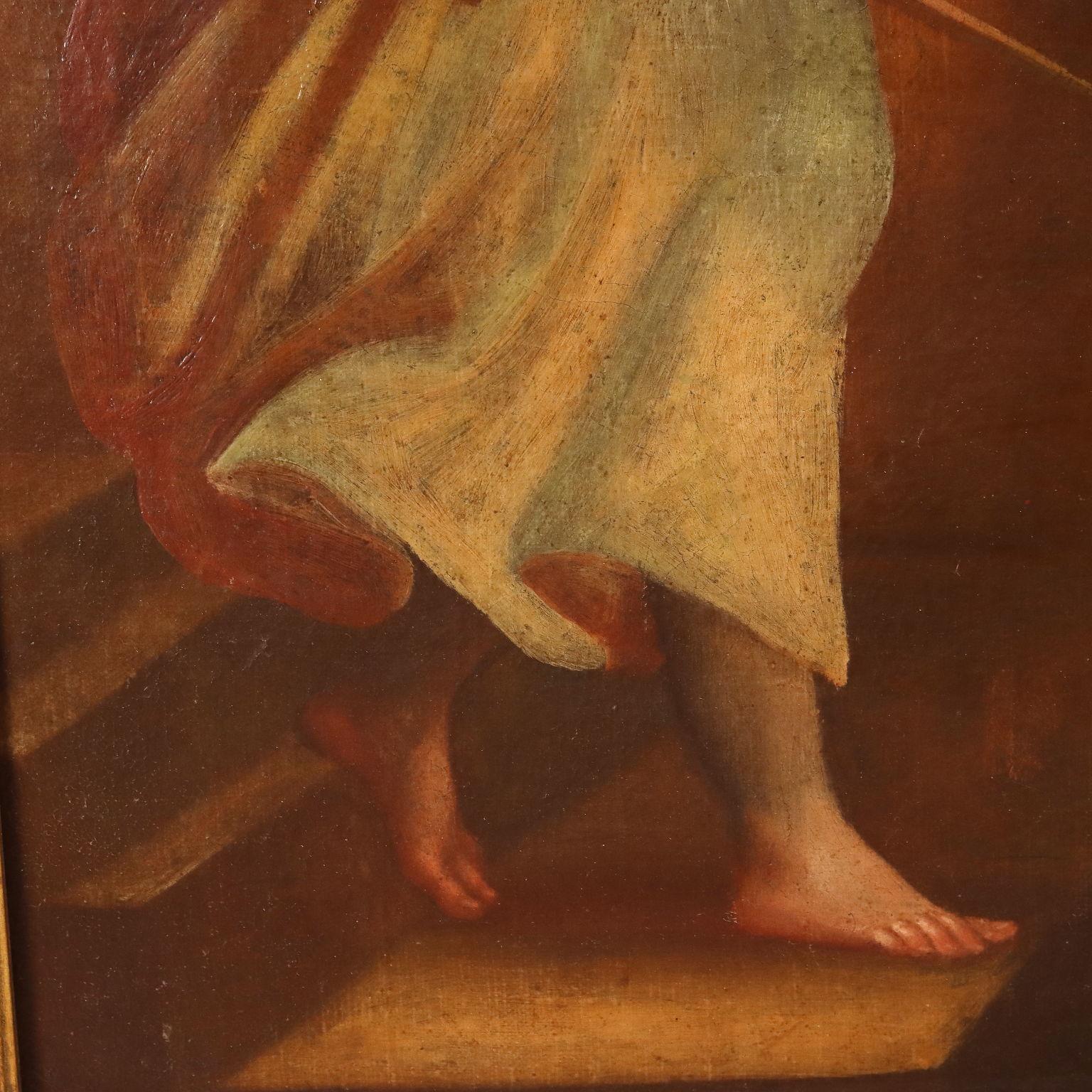 Olio su tela.
La scena raffigura l'episodio raccontato nel libro biblico della Genesi, della cacciata di Adamo ed Eva dal giardino dell'Eden, dopo che hanno commesso il peccato di mangiare del frutto proibito, frutto dell'albero della conoscenza del