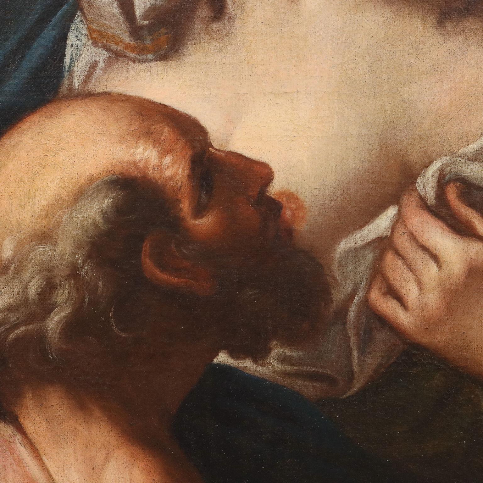 Huile sur toile. École italienne du 17e siècle.
Le sujet, largement représenté dans l'art, raconte l'histoire exemplaire d'une femme, Pero, qui allaite secrètement son père, Cimone, après qu'il a été emprisonné et condamné à mourir de faim. Elle est