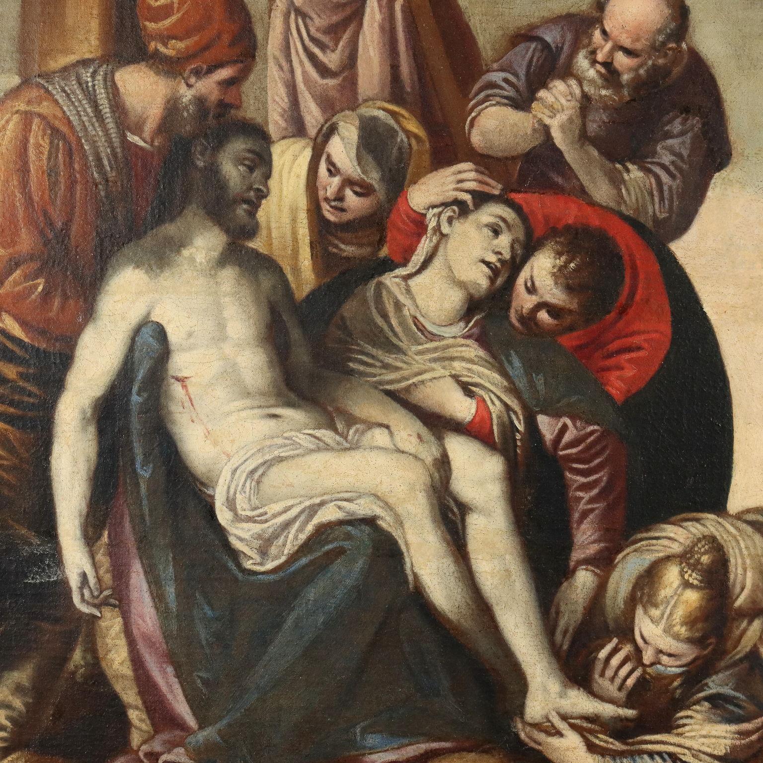 Oil on Canvas. Neapolitan school of the seventeenth-eighteenth century.
It is a traditional scene of Christ's deposition from the Cross, with his inert, pale body lowered into the arms of his mother Mary, who in turn is embraced and supported in her
