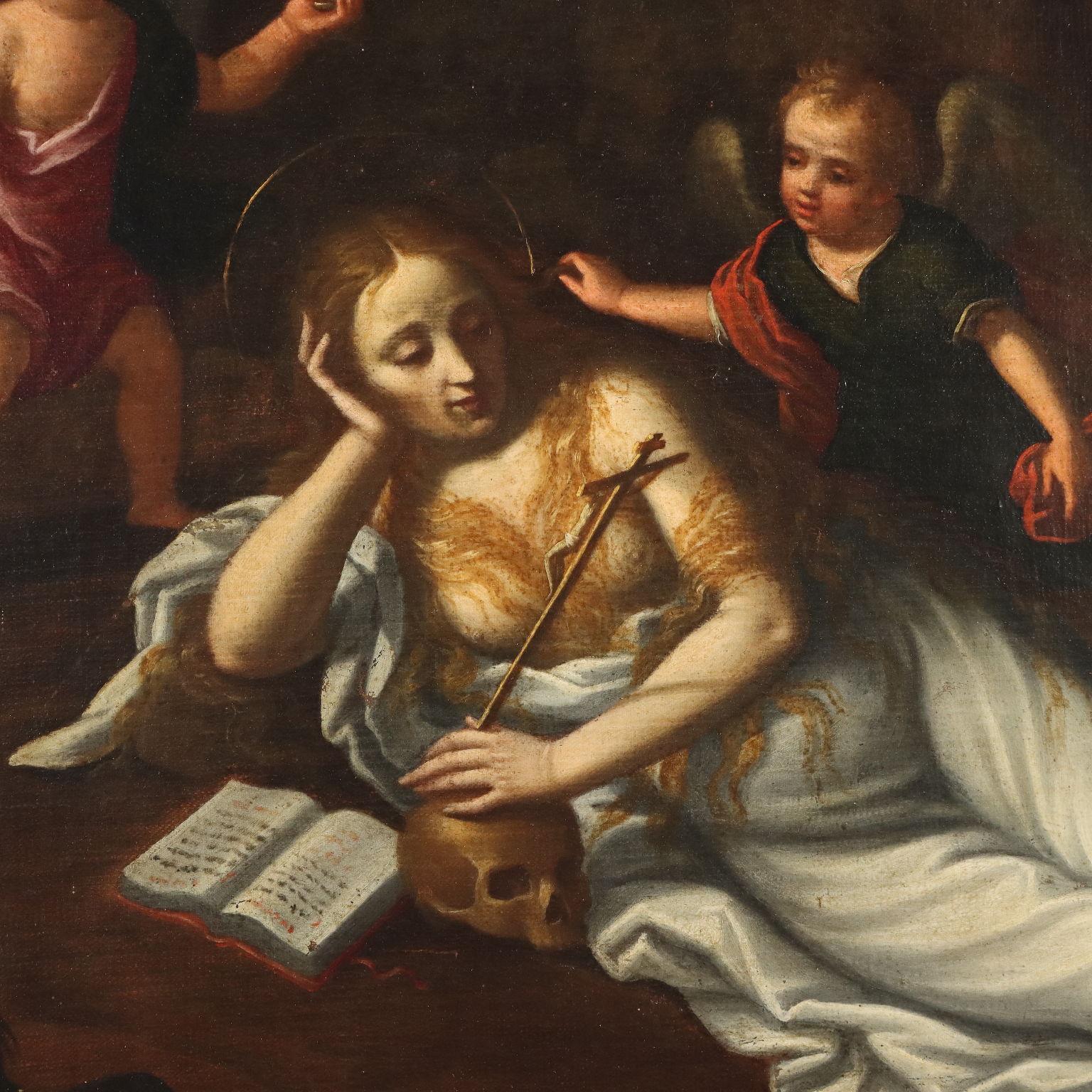 Oil on Canvas. Italian school of the 17th-18th centuries.
Magdalene is depicted inside a cave, stretched out on the ground in a pose of soft abandon, partially covered by a white cloth and with her long, loose hair covering her bare breasts,