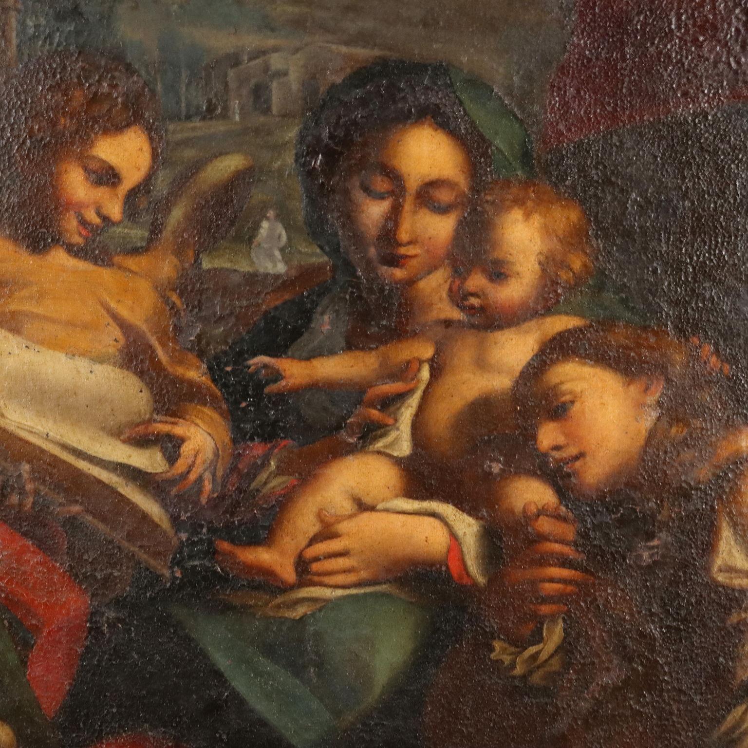 Oil on Canvas. Emilian school of the 17th-18th centuries.
This is an early copy of Correggio's famous panel painting entitled La Madonna di San Girolamo or Il Giorno (Our Lady of St. Jerome or The Day), dated around 1528 and now in the National