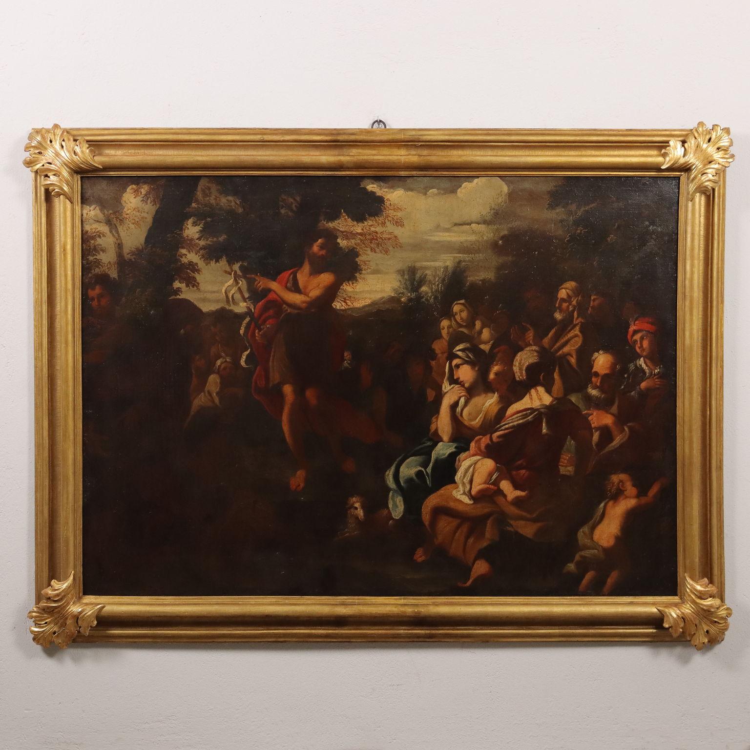 Oil on Canvas. North Italian school of the 17th-18th centuries.
The large scene is filled with figures in ancient Eastern garb, set in a northern, richly vegetated landscape with mountain peaks in the distance.
The left half is occupied mainly by
