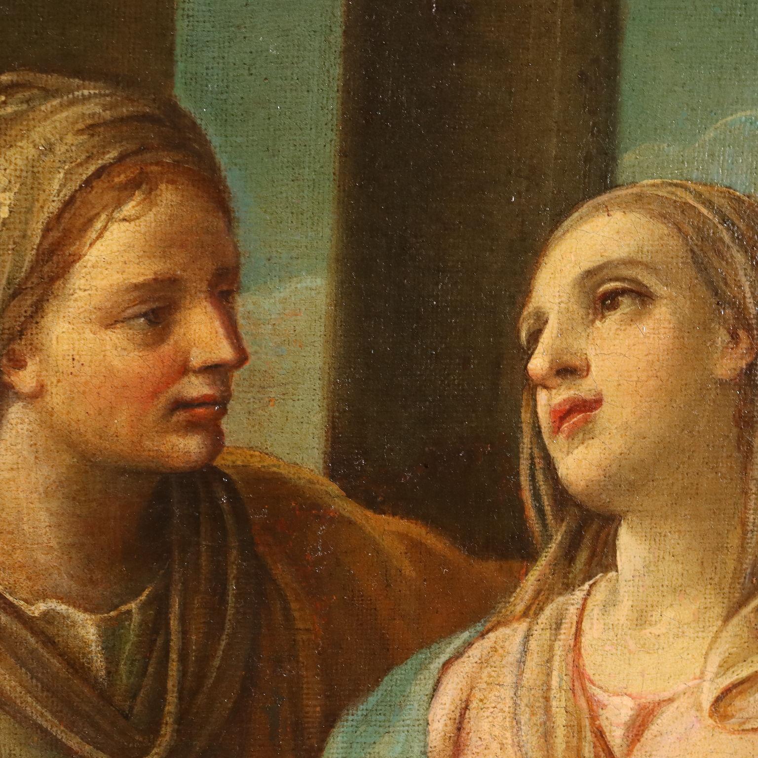 Olio su tela. Scuola bolognese di fine XVII-inizio XVIII secolo.
Die schöne Szene veranschaulicht die Episode des Evangeliums, die im Lukasevangelium erzählt wird,  der Besuch von Maria, die sich in der Obhut von Gesù befindet, bei der Braut