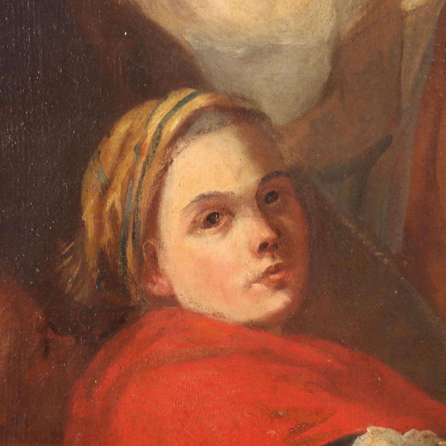 Oil on Canvas. Venetian school of the late 18th century.
The large painting recounts the Gospel episode of the 'meeting between St. Elizabeth, pregnant with John the Baptist, and Mary, expecting Jesus, but set in a larger choral scene: it is set on