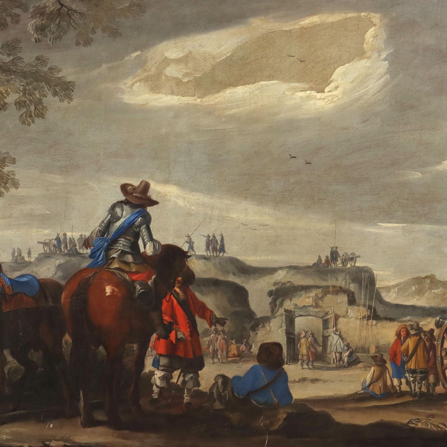 Oil on Canvas.
The large-scale scene is set outside a rocky fortress and features a garrison of soldiers preparing for battle: in the left foreground, by a tree, the group of mounted commanders observe the work and give orders, while the troops arm