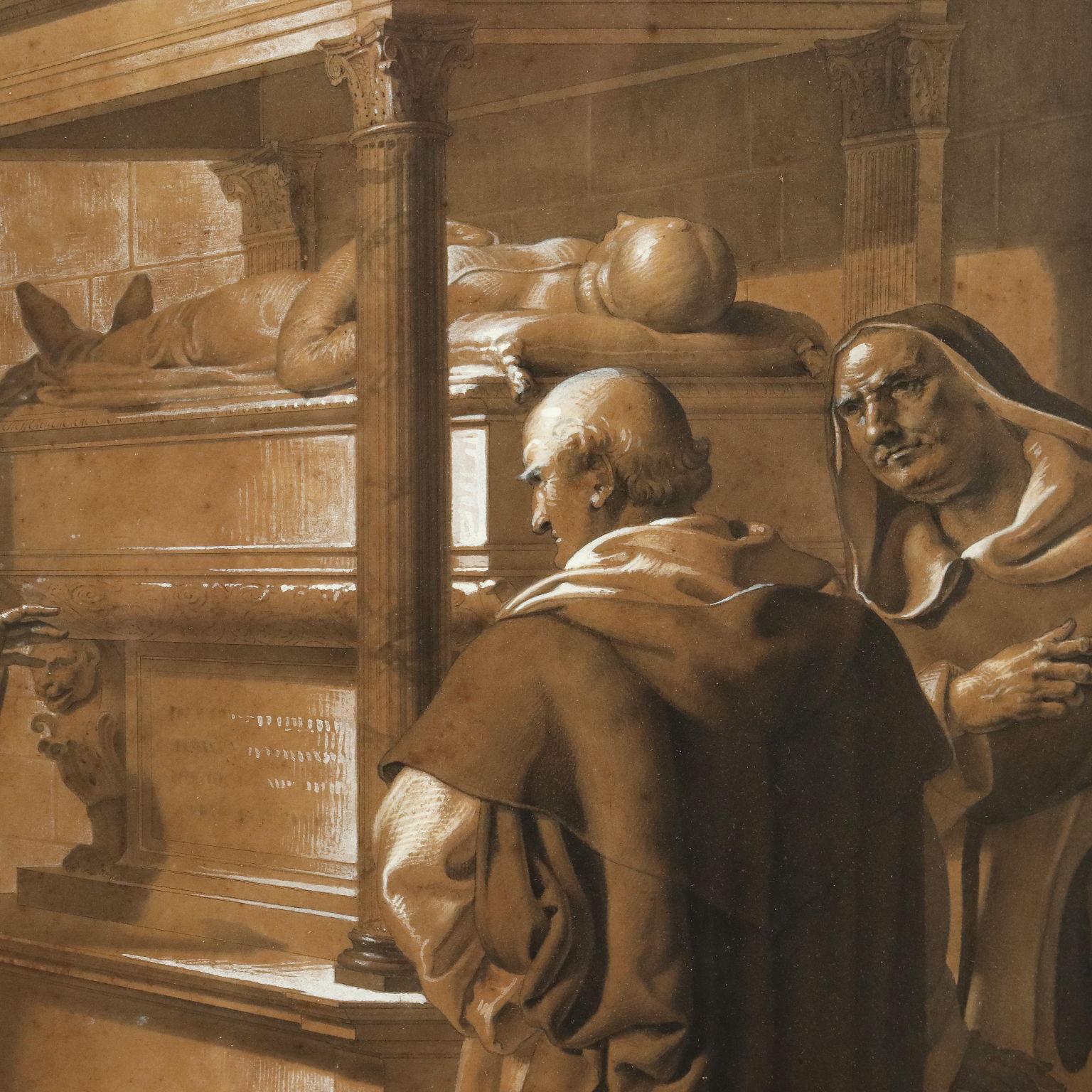 Technique mixte (crayon, stylo, encre brune et craie blanche) sur papier. École italienne du début du XIXe siècle.
Ludovic Maria Sforza pleure sur la tombe de sa jeune épouse Béatrice d'Este  (1475 -1497) ; autour de lui les frères de Santa Maria