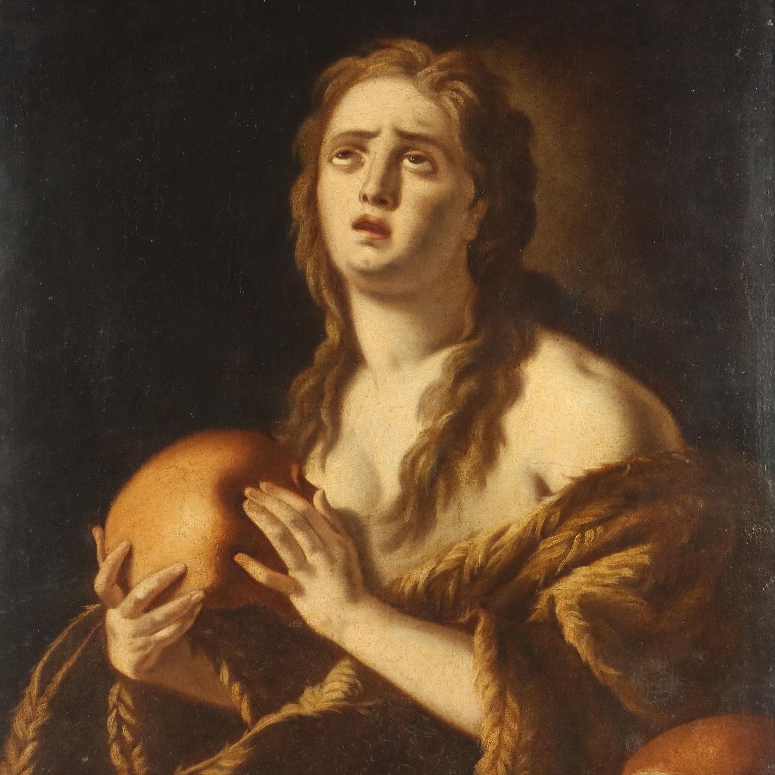 Oil on canvas, applied to wooden plate.
The saint is depicted in the foreground, half-length: the naked torso of the body is partially covered by a fur falling from the shoulders, over which lie  her long hair; Magdalene holds her eyes turned to
