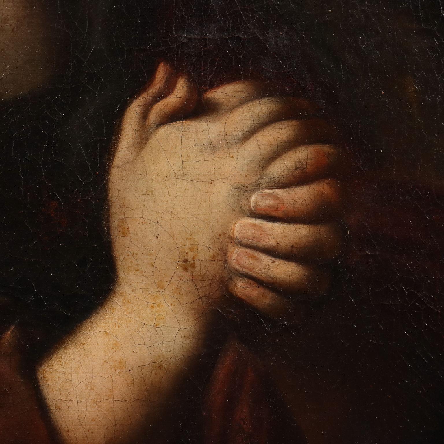 Olio su tela. Scuola nord-italiana della fine '600-inizio '700.
La Maddalena è qui raffigurata in primo piano, con i lunghi capelli disciolti, in atteggiamento di  preghiera e meditazione nel deserto, che qui compare di sfondo come un paesaggio