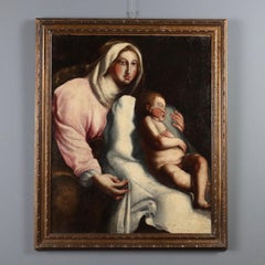 Peinture Madone à l'enfant endormi Huile sur toile. XVIIe siècle