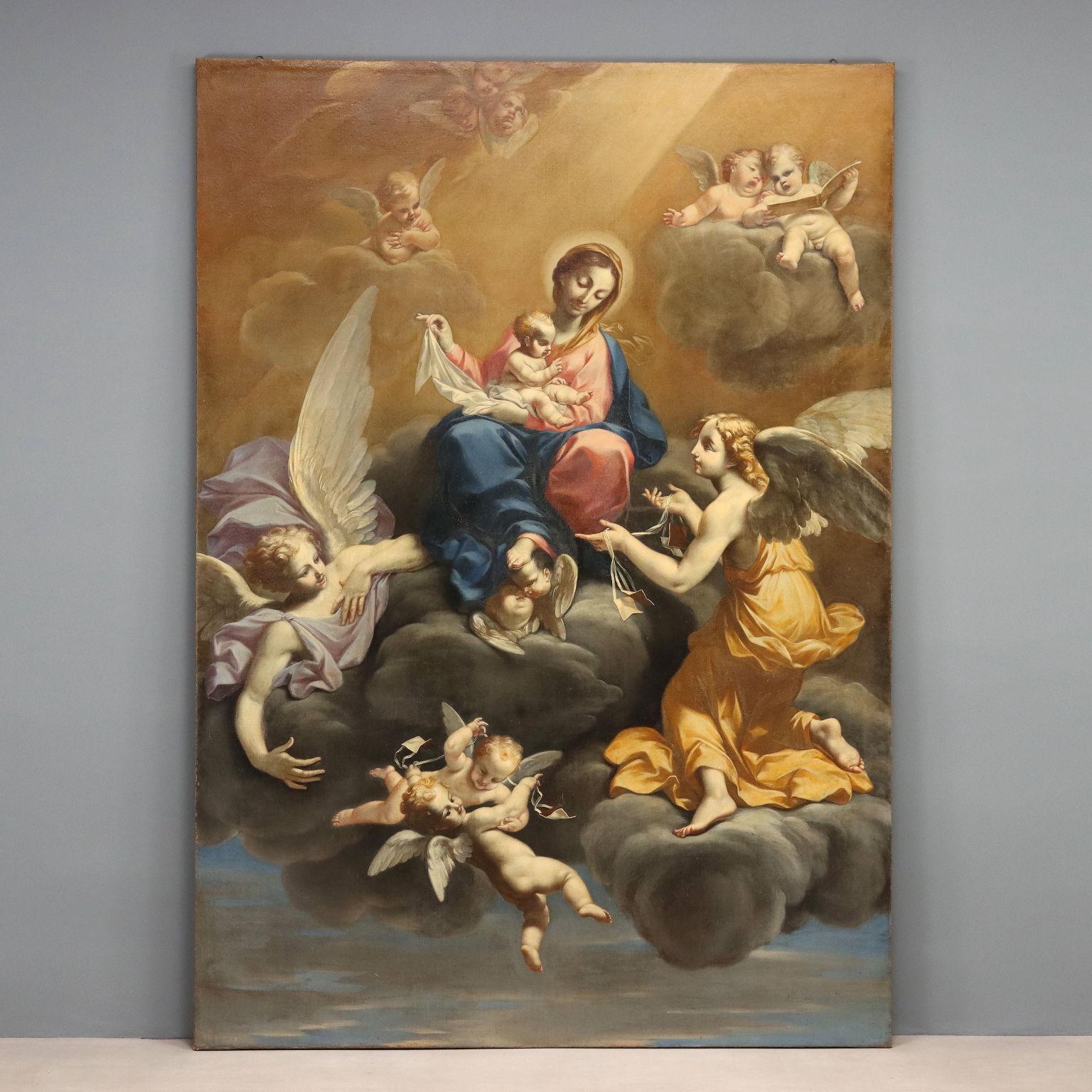 Unknown Figurative Painting - Painted Madonna and Child with Angels Oil on canvas. Emilian school of the 18th century