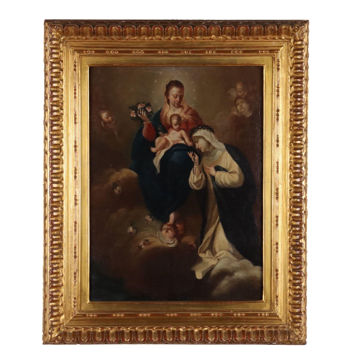Unknown Figurative Painting - Dipinto Madonna con Bambino e Santa Caterina da Siena 1600s-1700s
