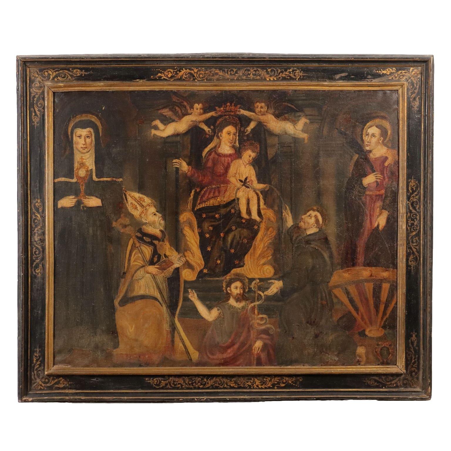 Unknown Figurative Painting - Painting Madonna and Child with Saints early 17th century