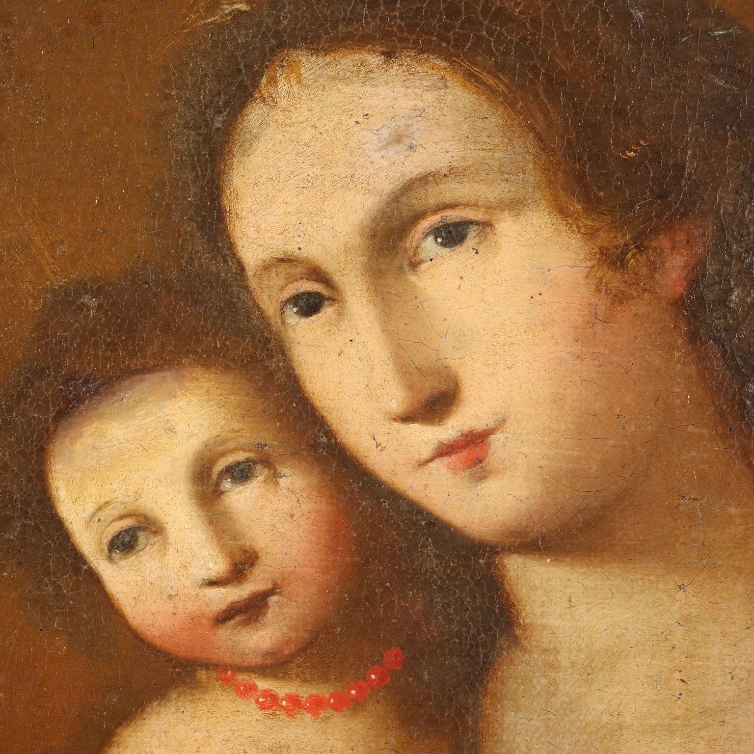 Dipinto Madonna con Bambino ed Angeli XVII-XVIII secolo - Figurative Painting Brown di Unknown