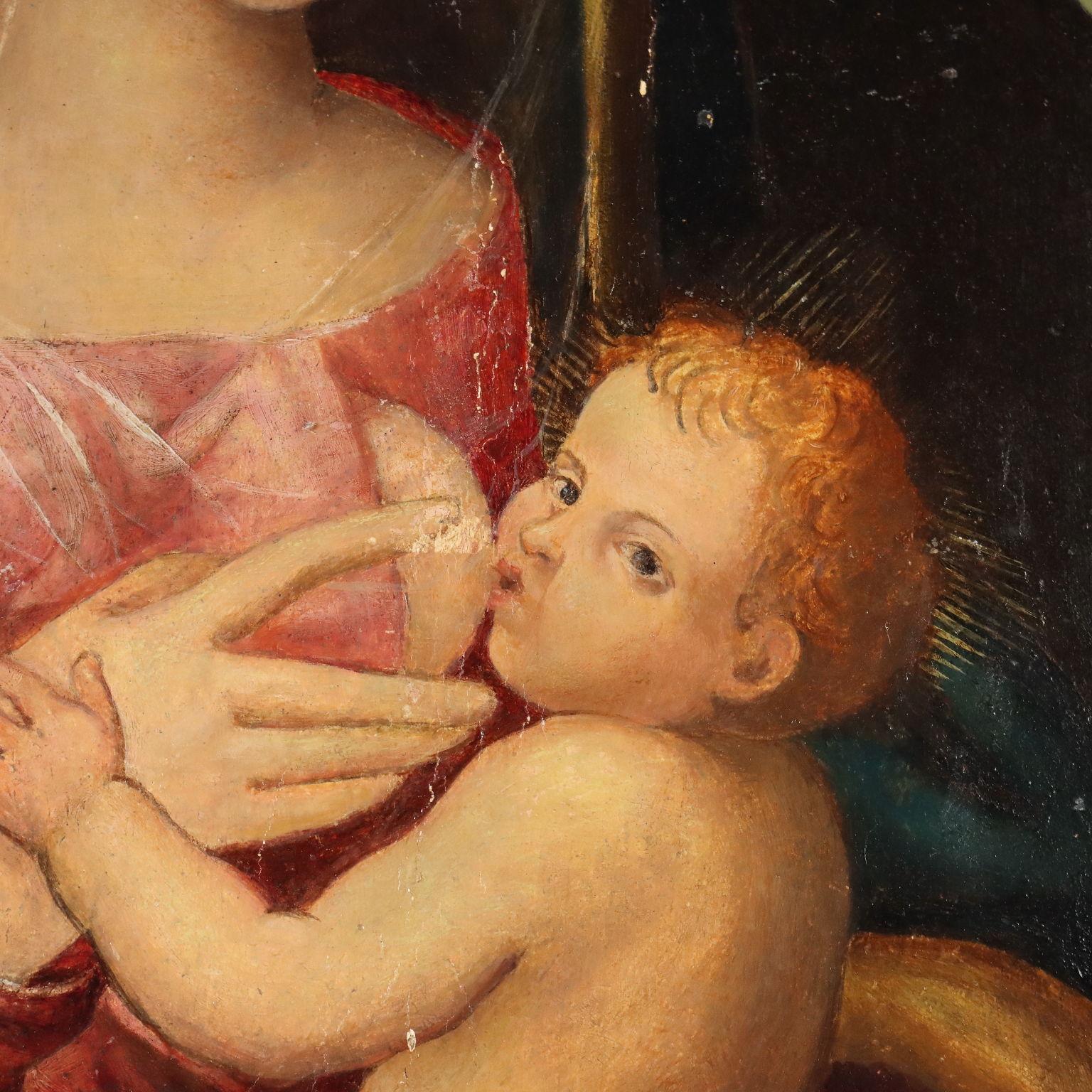 Olio su tavola di noce.
Il dipinto segue i modelli toscani di inizio '500 (ad esempio il modo pittorico di Domenico Puligo), ma è di produzione leggermente più tarda e di mano più debole, da produzione 
