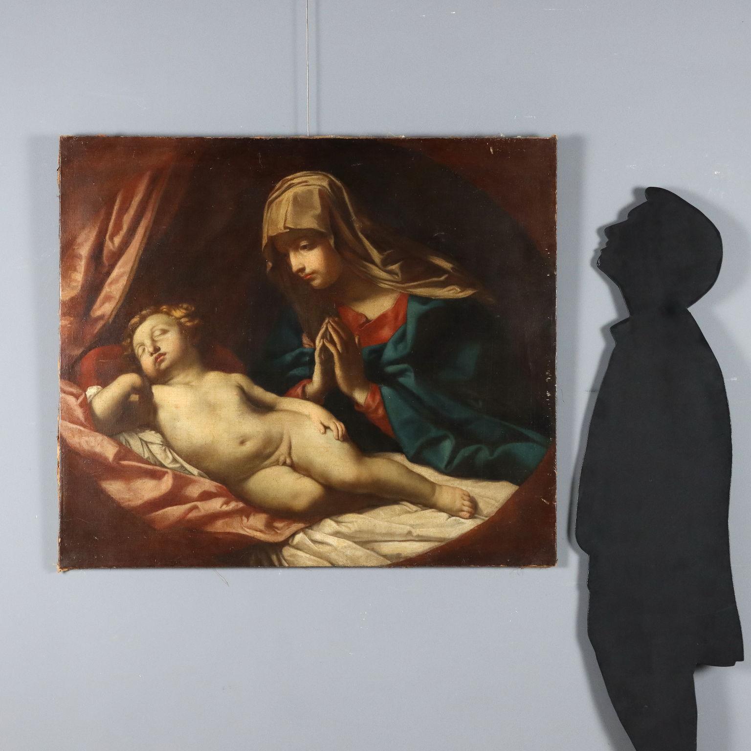 Dipinto Madonna in Adorazione del Bambino Dormiente XVII secolo – Painting von Unknown