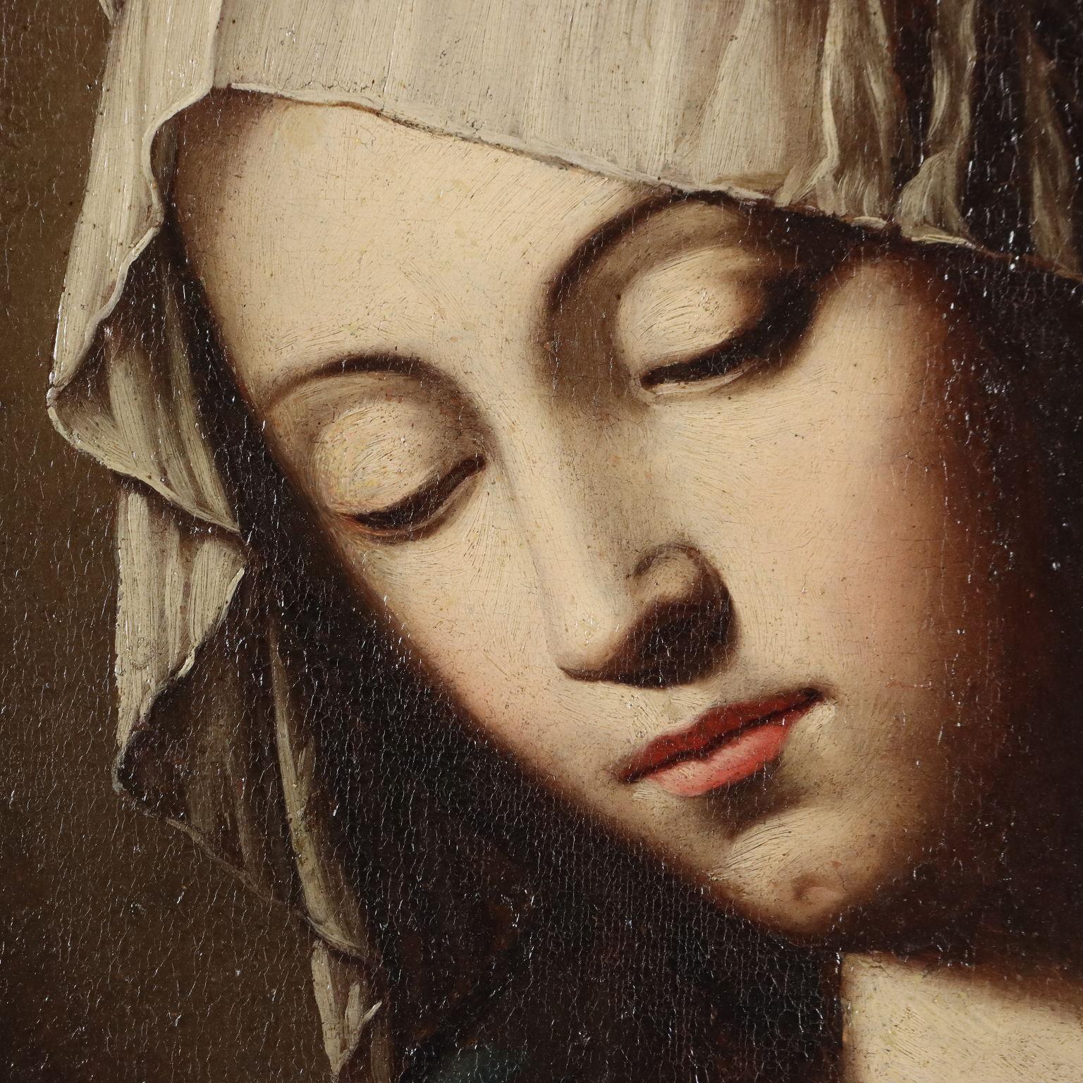Pintura Madonna Orante siglo XVIII - Figurative Painting Black de Unknown