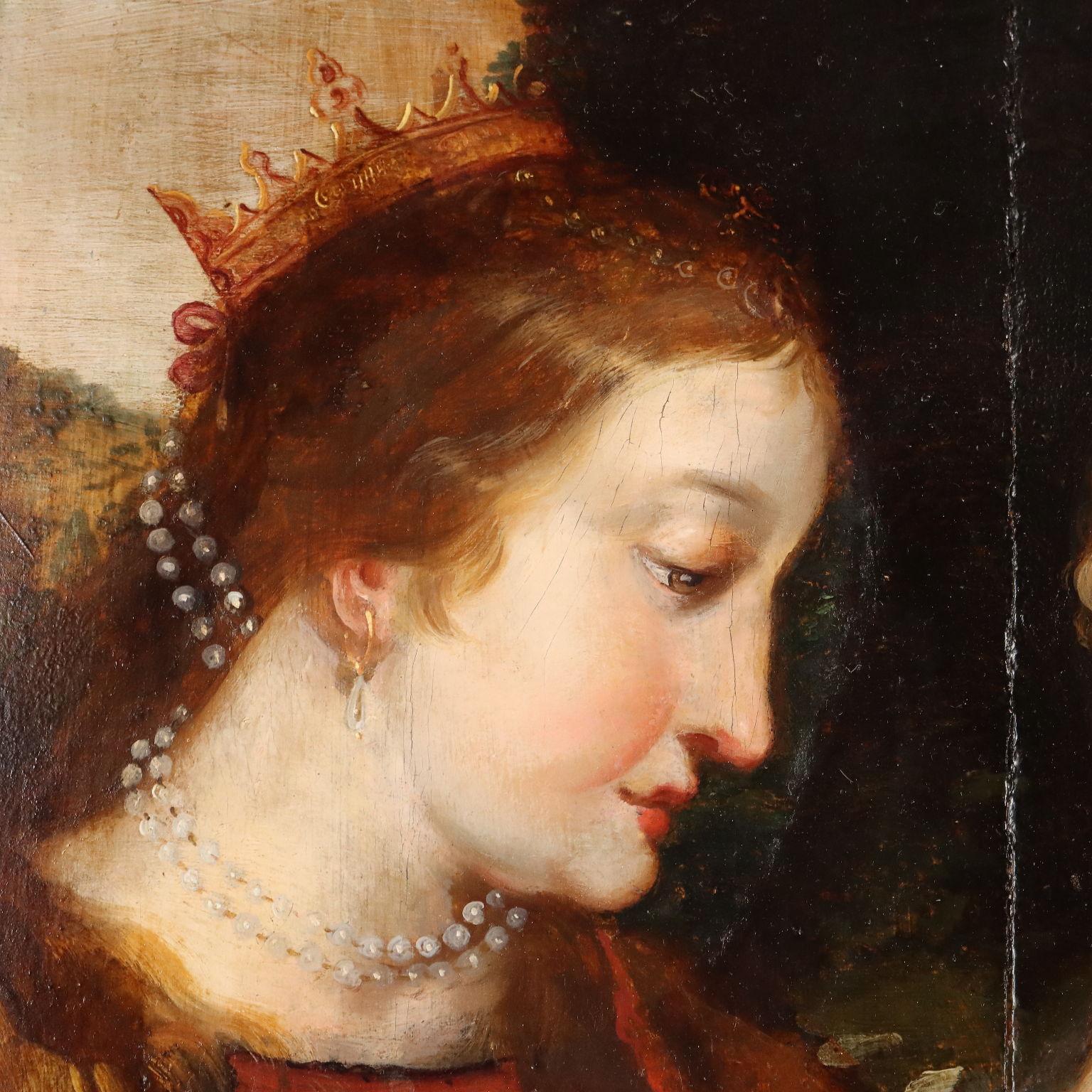 Öl auf Kastanienholzplatte. Mitteleuropäische Schule des 16. Jahrhunderts.
Die traditionelle Szene zeigt das Jesuskind, das in den Armen seiner Mutter, mit der es einen zärtlichen Blick austauscht, im Begriff ist, Katharina von Alexandria den