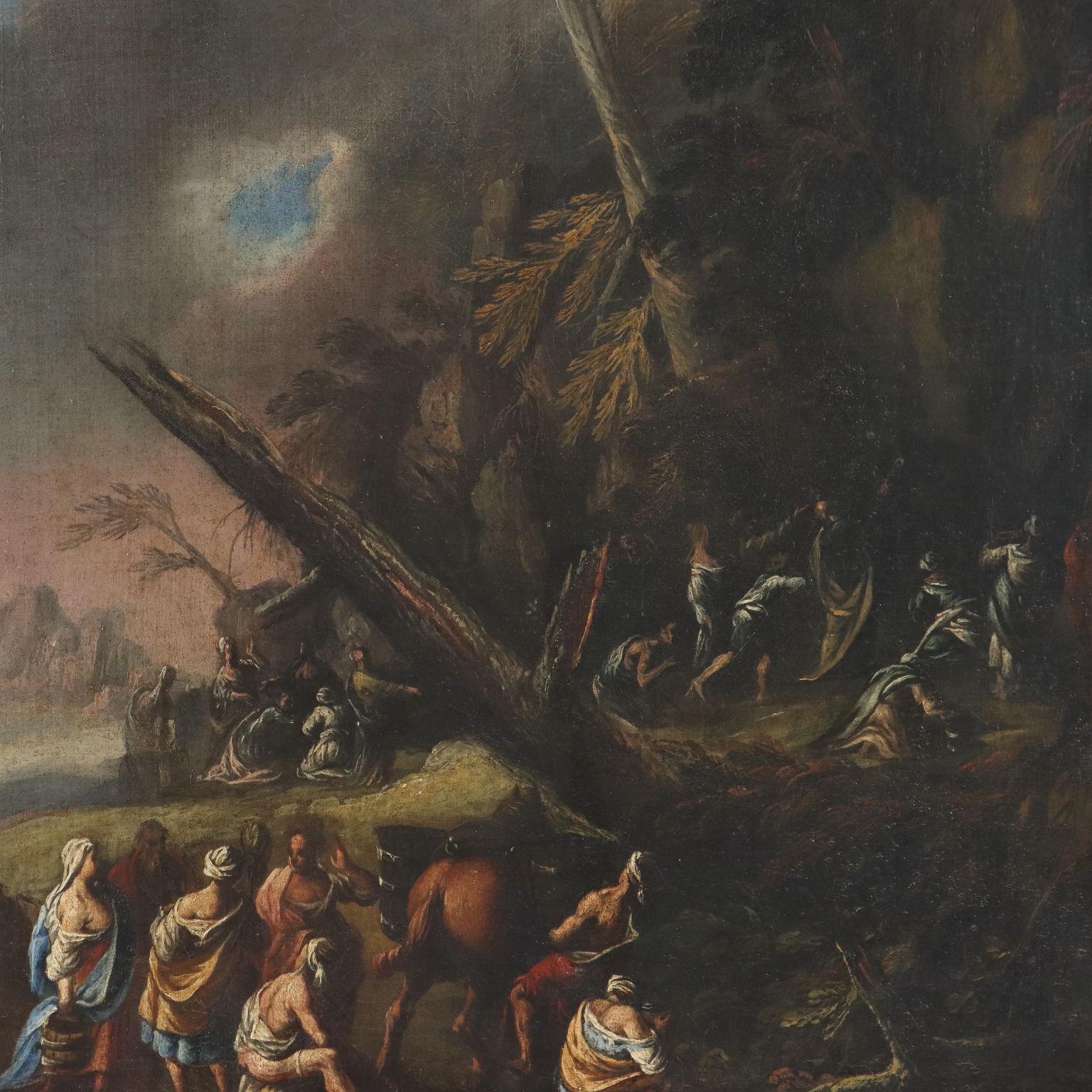 Oil on Canvas.
Set in a classical, richly vegetated landscape, the scene depicts the biblical episode from the book of Genesis that tells how the people of Israel, who are crossing the Sinai desert to reach the Promised Land, find themselves without