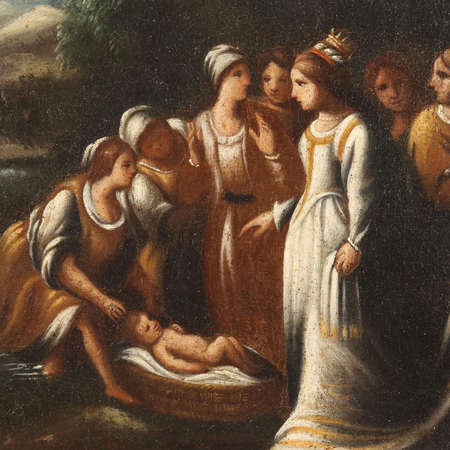 Oil on Canvas. 
The scene recounts the biblical episode from the book of Exodus in which baby Moses, whom his mother had entrusted to the river inside a basket to save him from the slaughter of Israel's male children  (ordered by the Pharaoh of