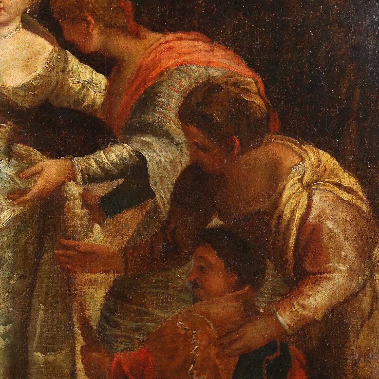 Olio su tela.
Il dipinto guarda all'opera analoga di Paolo Veronese (1528-1588), databile intorno al 1560-70 e oggi conservata al museo del Prado, della quale il nostro dipinto riprende la composizione delle figure, cambiando tutto lo sfondo e