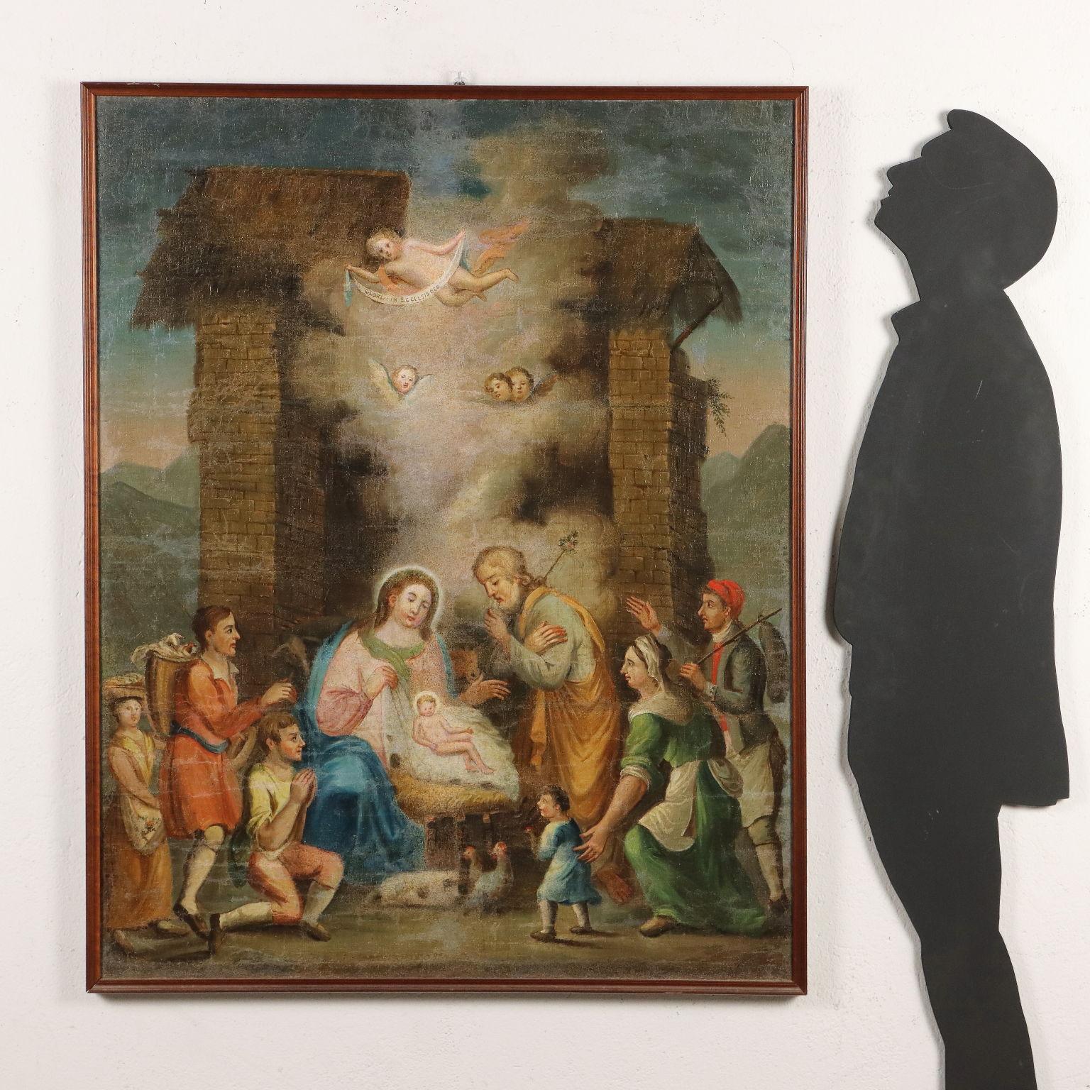 Oil on Canvas.
Large scene of the Nativity, which unfolds along two intersecting lines: a vertical dimension centered on the brick and thatch architectural structure, the stable that gave shelter to the family of Nazareth, over which the angels