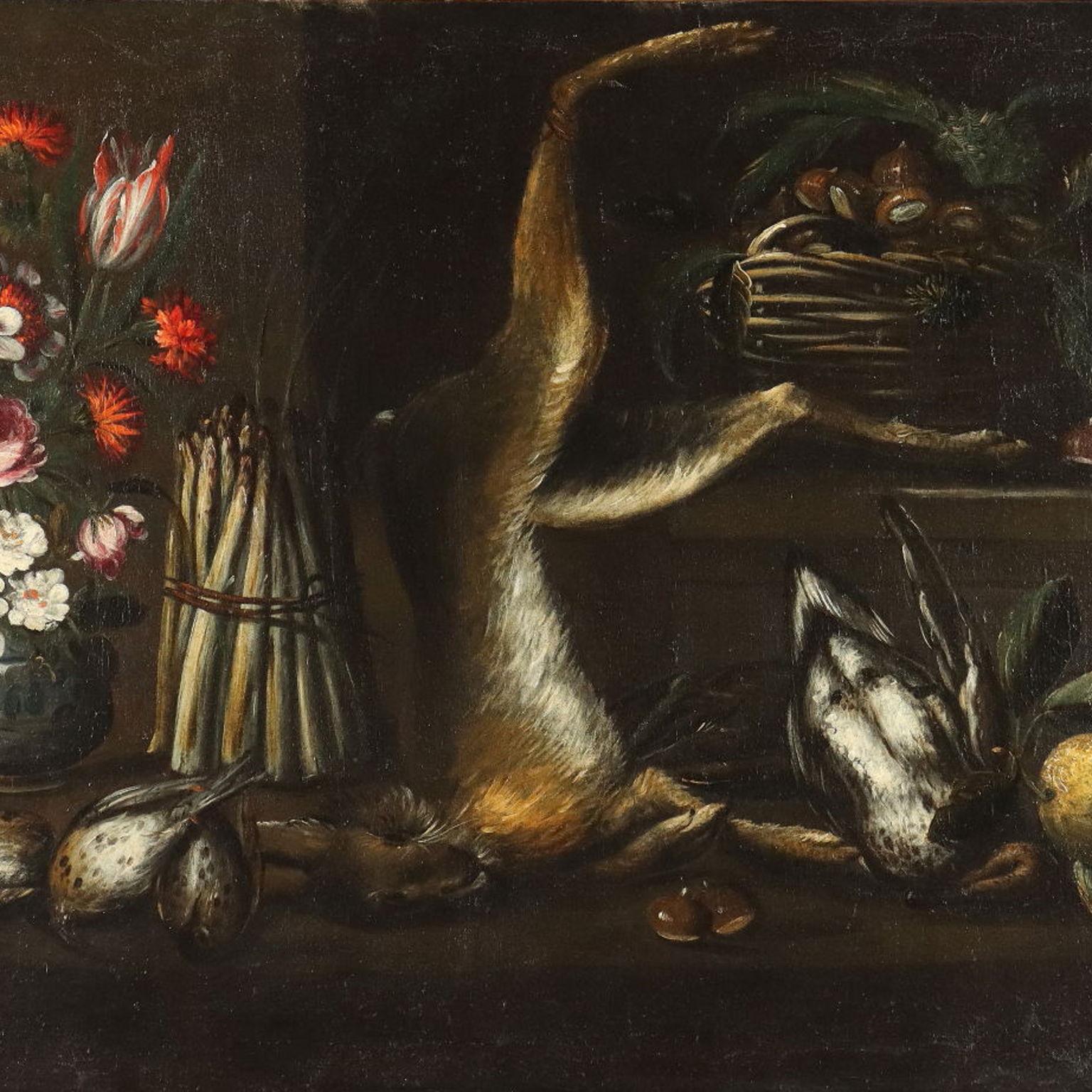 Malerei Stillleben mit Jagdwild Spargel Kastanien und Blumen – Painting von Unknown