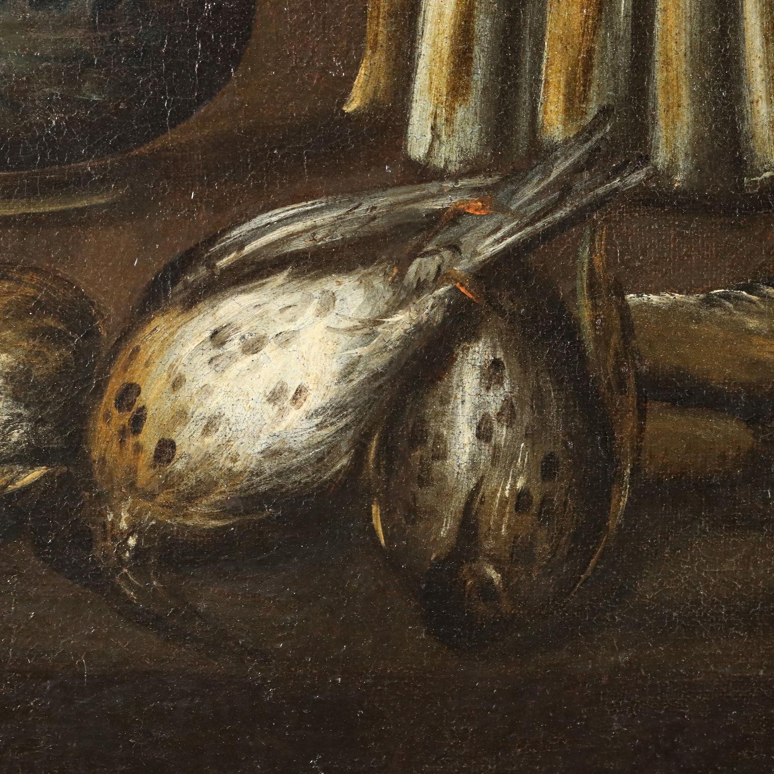 Painted Still Life with Hunting Game Asparagus Chestnuts and Flowers For Sale 1