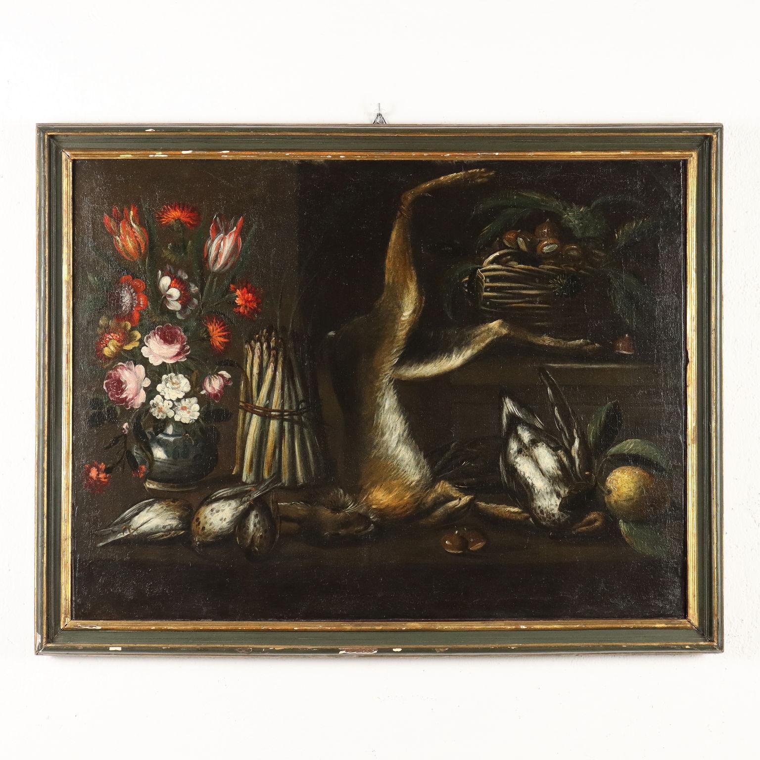 Unknown Still-Life Painting – Malerei Stillleben mit Jagdwild Spargel Kastanien und Blumen