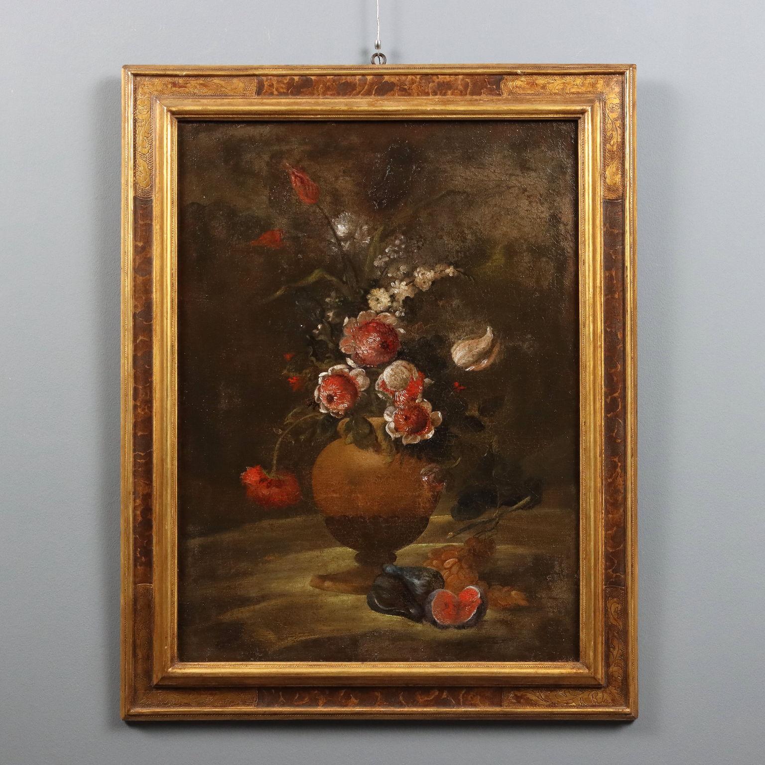Unknown Still-Life Painting – Gemälde Stilleben mit Blumen und Obst Öl auf Leinwand. Italienische Schule 18. Jahrhundert.