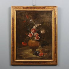 Gemälde Stilleben mit Blumen und Obst Öl auf Leinwand. Italienische Schule 18. Jahrhundert.