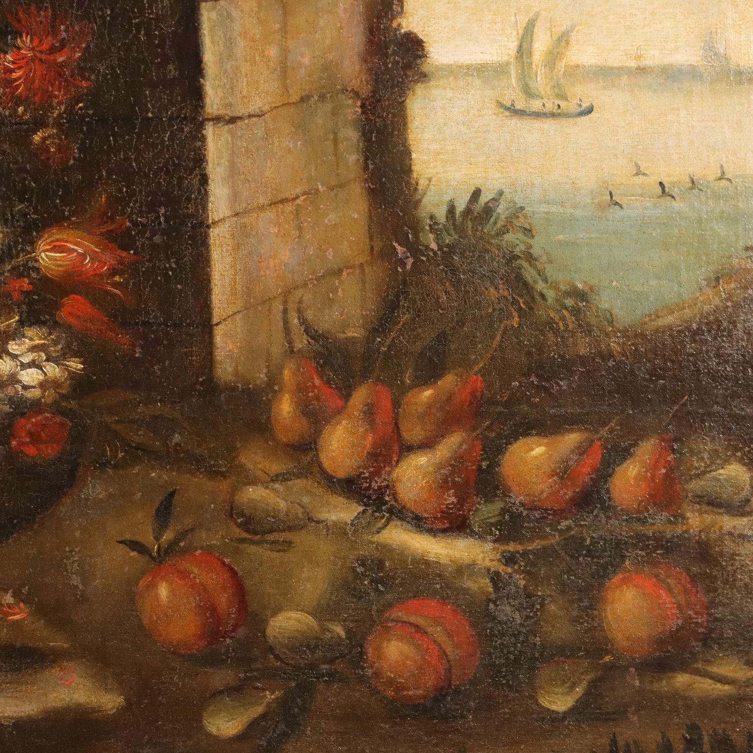Painting Still Life with Flowers and Fruit 17th-18th century For Sale 1